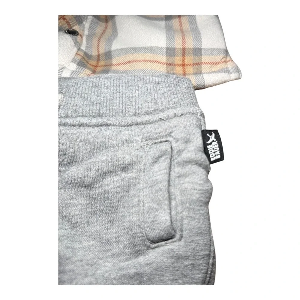 Lumberjack Cabin Core Eddie Bauer Plaid Shacket Joggers Set 0-3M Grey Tan Fleece